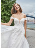 Off Shoulder Beaded Ivory Lace Tulle Sparkling Wedding Dress